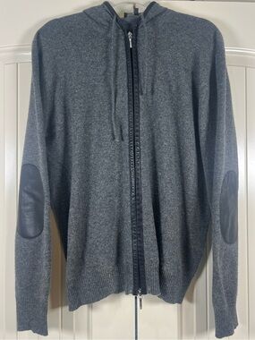 CANALI Italy 100% Cashmere FullZip Hoodie Leather Trim Elbow Patches EUC SIZE 52